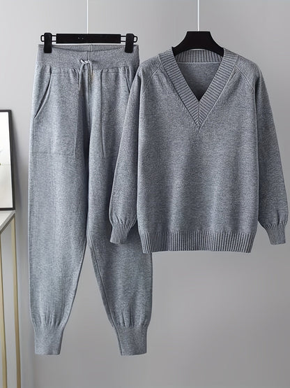 Set da donna in maglia con pullover con scollo a V e pantaloni da jogging