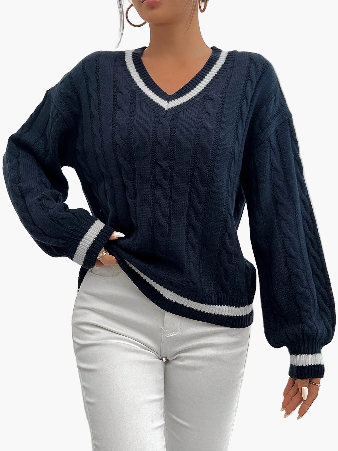 Damen Pullover im eleganten Zopfmuster mit V-Ausschnitt – Perfekt für Alltag und Büro