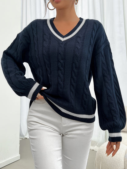 Suéter de punto para mujer con trenzado, escote en V y rayas en el cuello y los puños