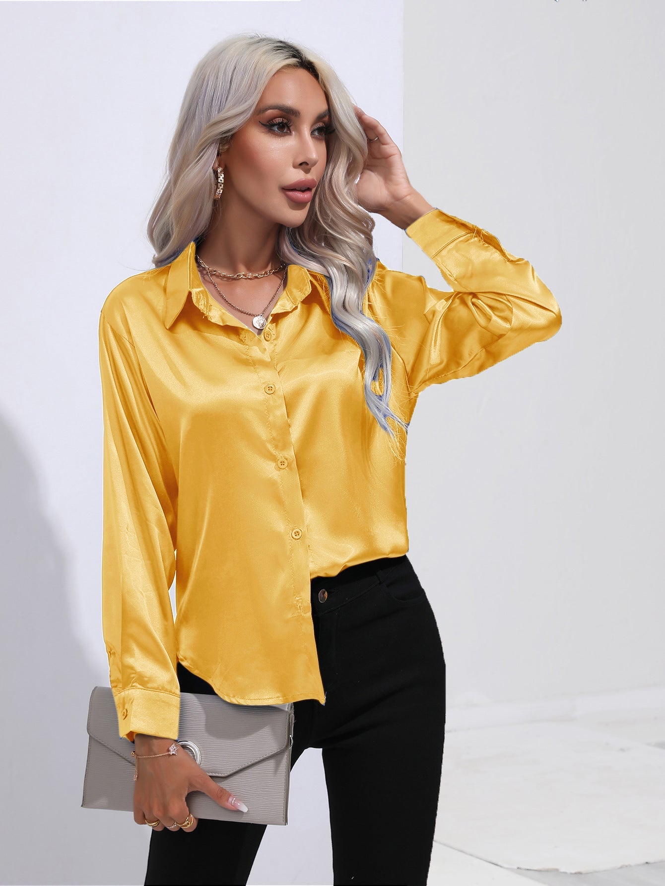 Damen Satinbluse im Cardigan-Stil – Elegante Bluse für Büro, Alltag & Feste