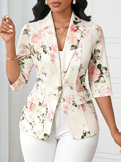 Dames Elegante Blazer met Bloemenpatroon en 3/4 Mouwen – Perfect voor Kantoor en Vrije Tijd