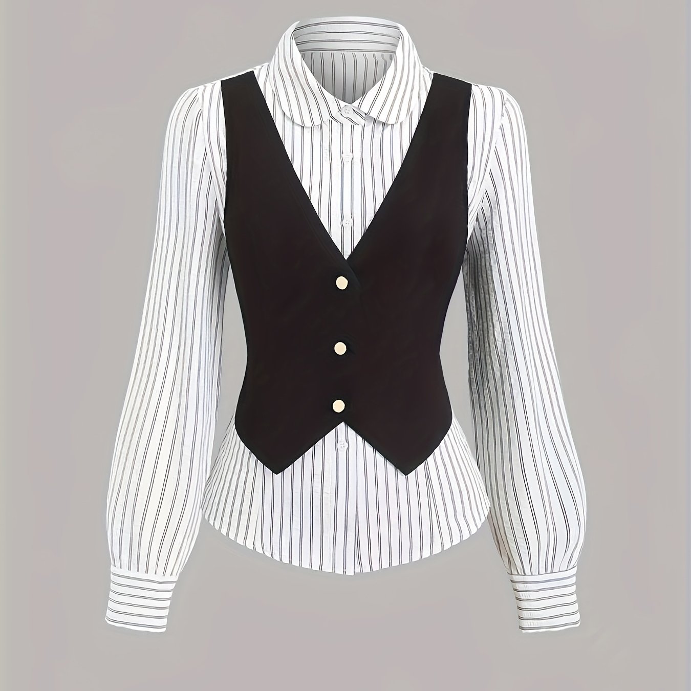 Blusa de mujer con chaleco a rayas, negra y blanca
