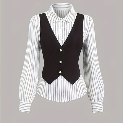 Blusa de mujer con chaleco a rayas, negra y blanca