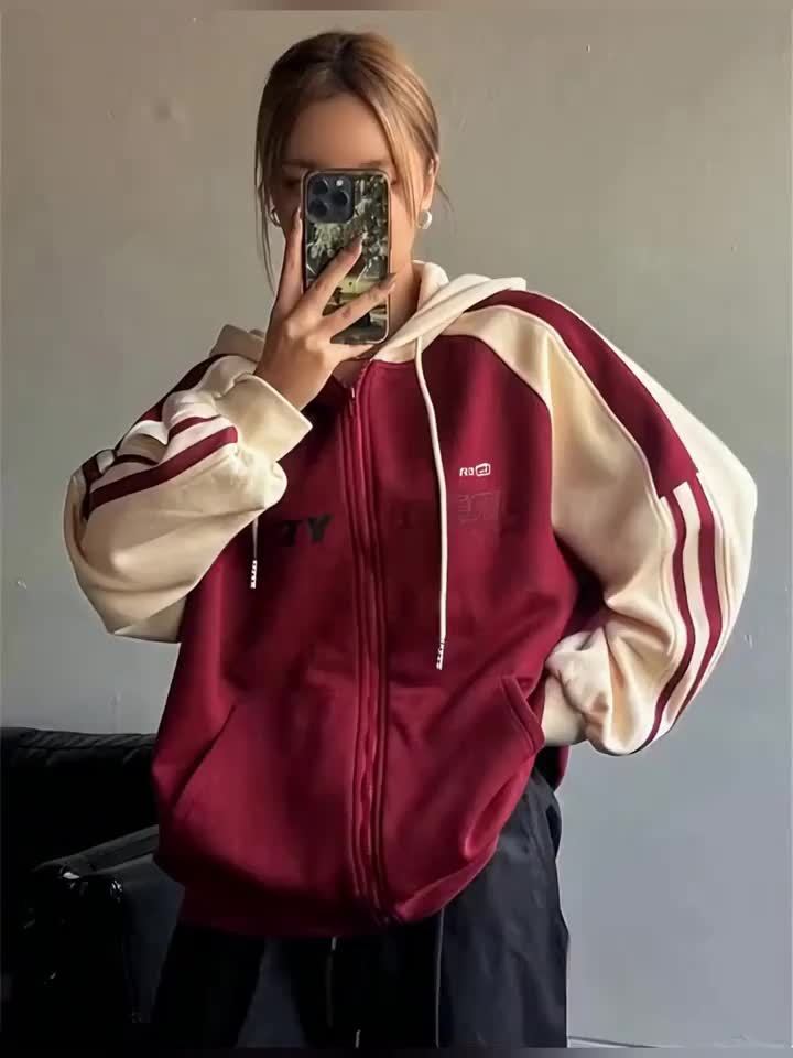 Kapuzenjacke Damen Reißverschluss Zweifarbig Rot Apricot Streifen Oversize