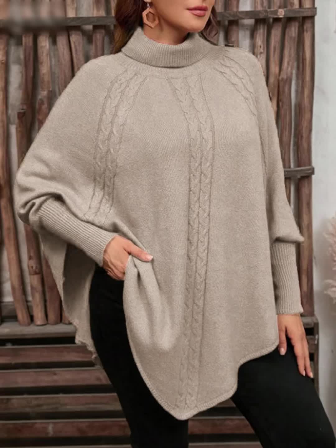 Poncho da donna, pullover a collo alto in maglia, casual, con bottoni e motivo a trecce