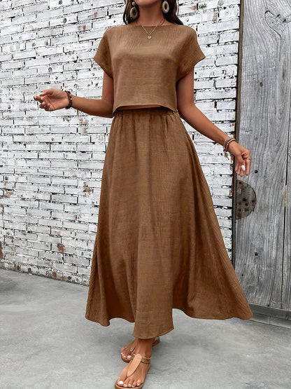 Dame todelt sæt maxi nederdel & kortærmet crop top elegant sommeroutfit