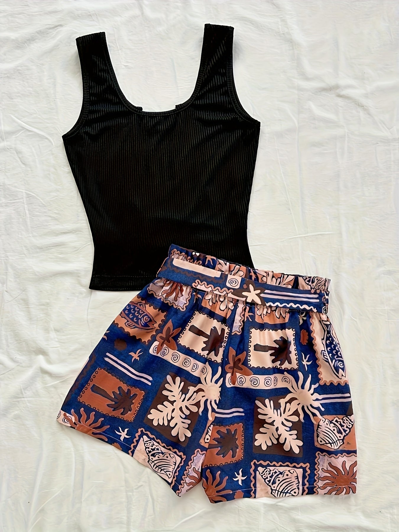 Set estivo donna due pezzi – Top canotta alla moda & pantaloncini paperbag tropicali – Perfetto per vacanze e tempo libero