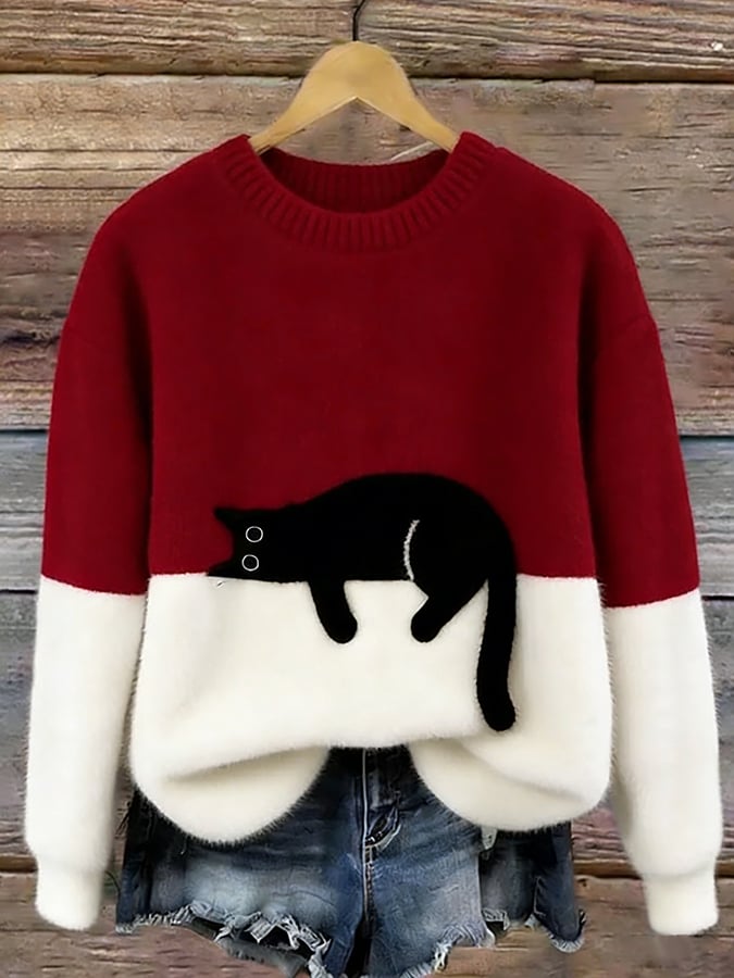 Oversized trui voor dames met colorblock-design en kattenmotief