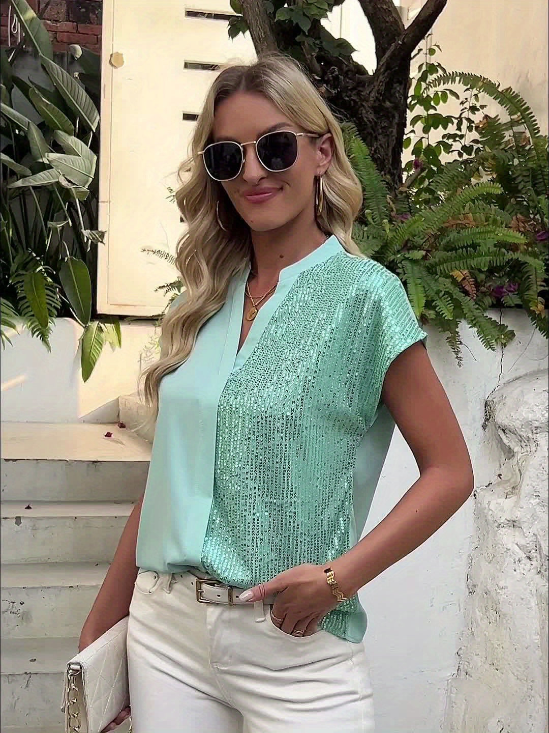 Dame Elegant Bluse med Pailletter og V-udskæring – Perfekt til Kontor og Hverdag