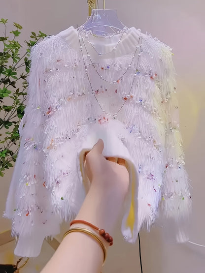 Maglione bianco da donna con frange e accenti colorati