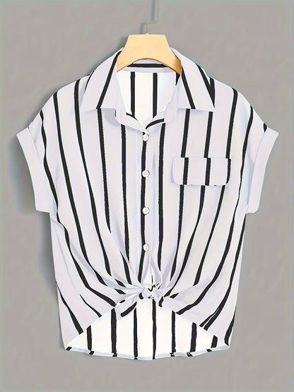 Damen Kurzarm Bluse mit Streifen und Knotenfront – Eleganter Sommer-Look