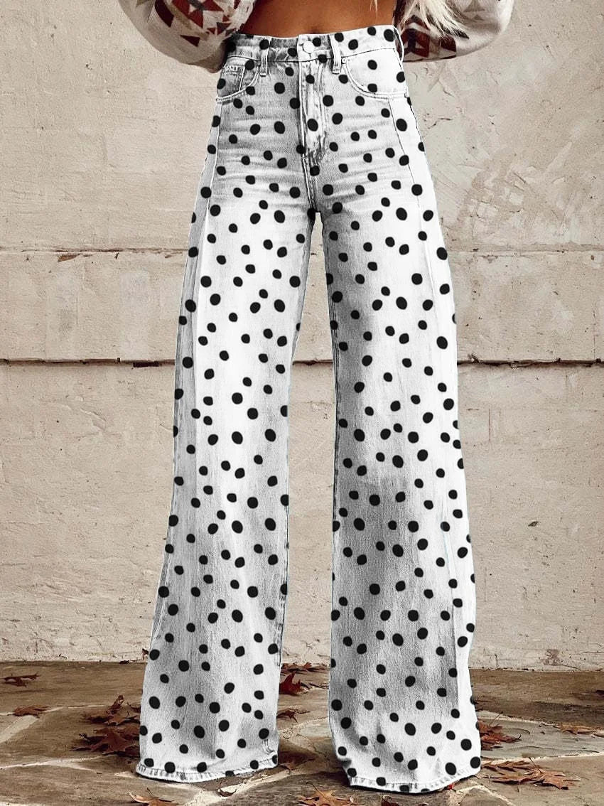 Jean large bohème pour femmes avec design artistique graphique et style vintage, idéal pour le streetwear et les festivals