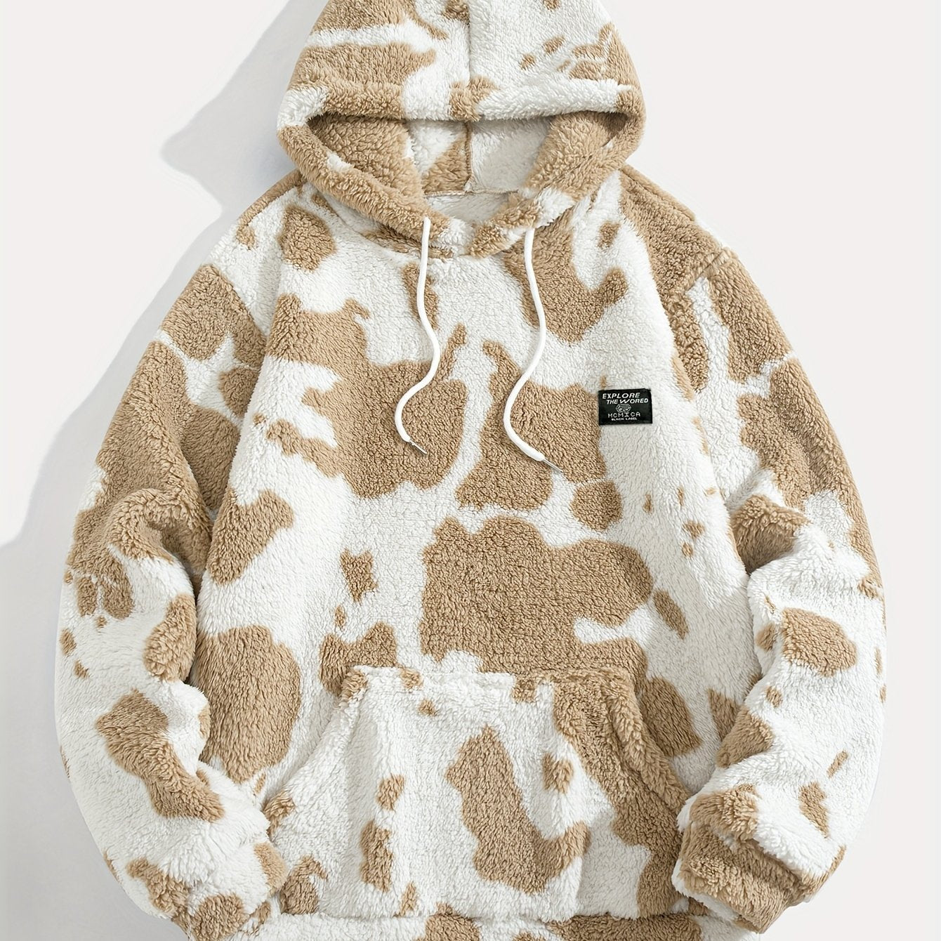 Unisex Teddy Fleece Hoodie mit Kapuze und Kuhfleckenmuster