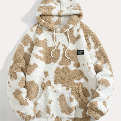 Unisex Teddy Fleece Hoodie mit Kapuze und Kuhfleckenmuster