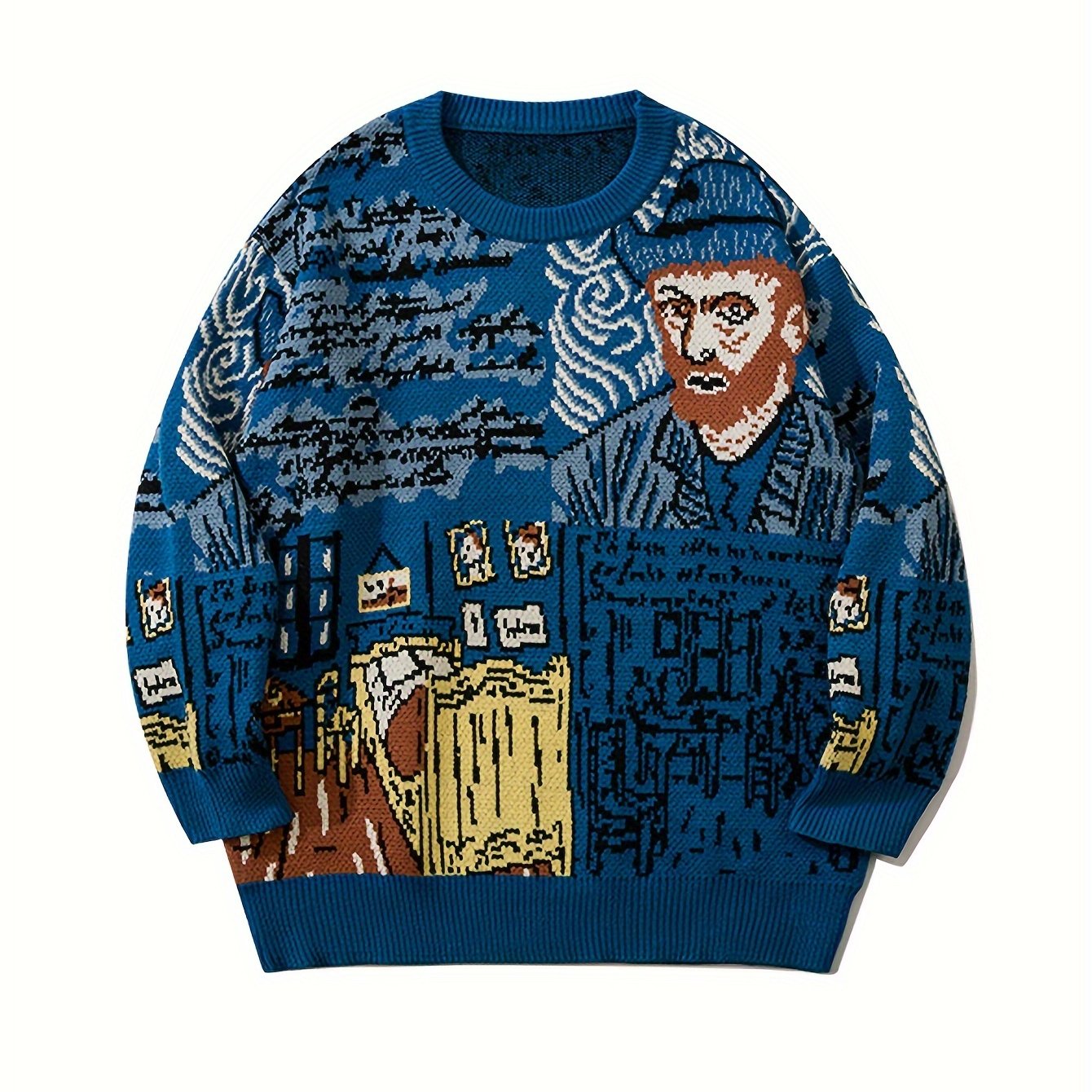 Pullover in maglia con scollo rotondo e motivo artistico blu