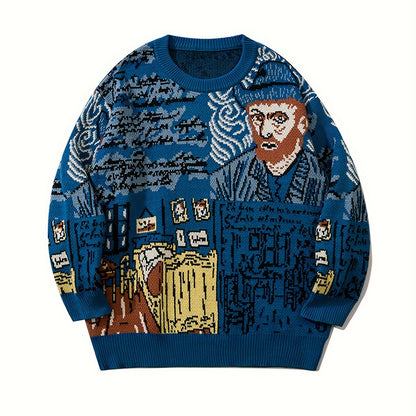 Pullover in maglia con scollo rotondo e motivo artistico blu