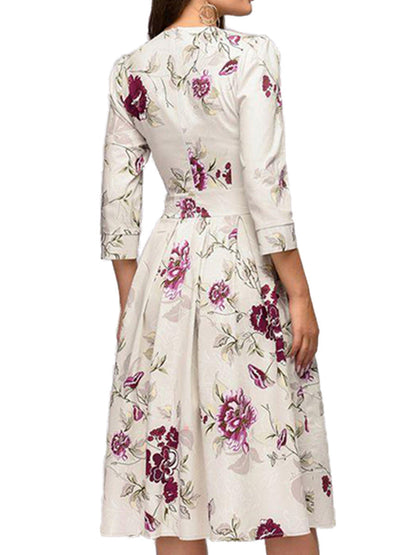 Dames elegante A-lijn jurk met bloemenpatroon en 3/4 mouwen voor feestelijke gelegenheden en dagelijks gebruik