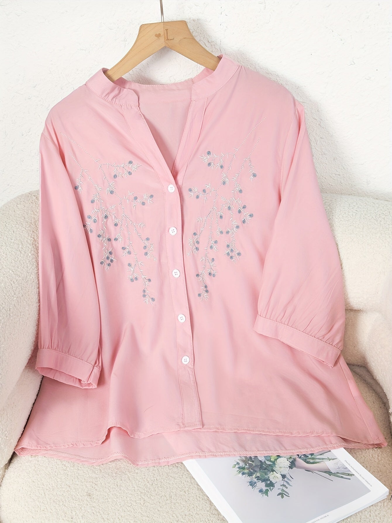 Blusa elegante da donna con ricamo e collo alla coreana – Camicia estiva casual