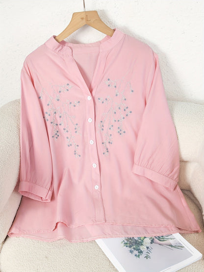 Blusa elegante da donna con ricamo e collo alla coreana – Camicia estiva casual