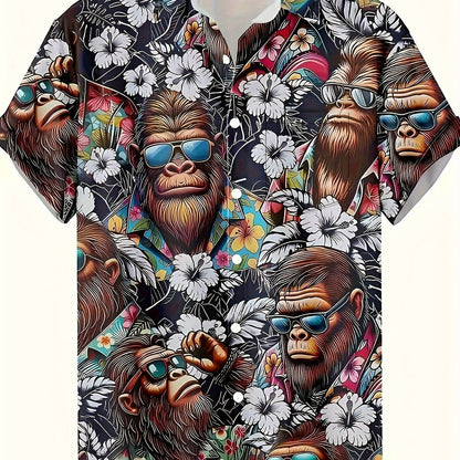 Chemise hawaïenne homme avec motif singe et imprimé floral – Chemise d'été amusante pour loisirs et fête