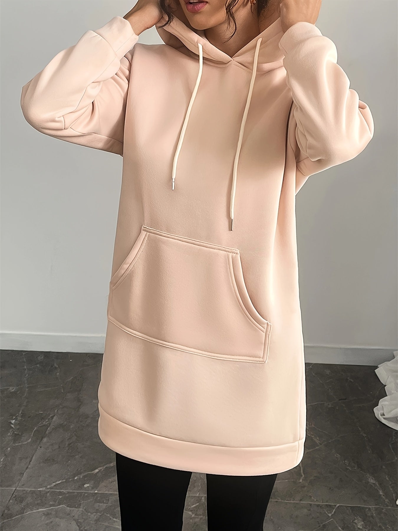 Damen Hoodie-Kleid Schwarz Langarm Kapuzenpullover Tunika Kängurutasche