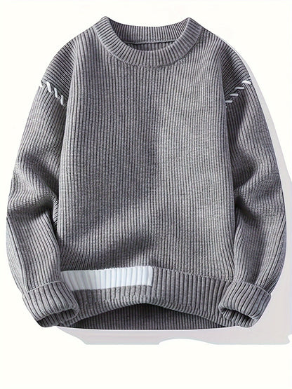 Unisex Strickpullover mit Rundhalsausschnitt und Kontraststreifen-Details, Langarm