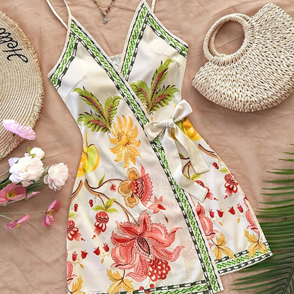 Damen Wickelkleid Sommer Tropischer Print – Blumen & Papagei, V-Ausschnitt, Freizeit & Strand