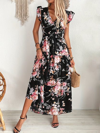 Damen Maxikleid im Boho-Stil mit Blumenmuster und Taillengürtel – Perfekt für Urlaub & Sommer