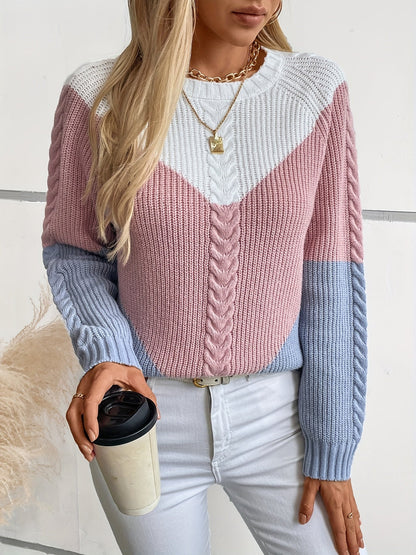 Dame-strikpullover med kabelstrik, colorblock-design i blå-hvid eller pink-blå