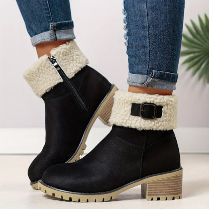 Damen Stiefeletten mit Blockabsatz, Plüschrand und Schnalle, Braun