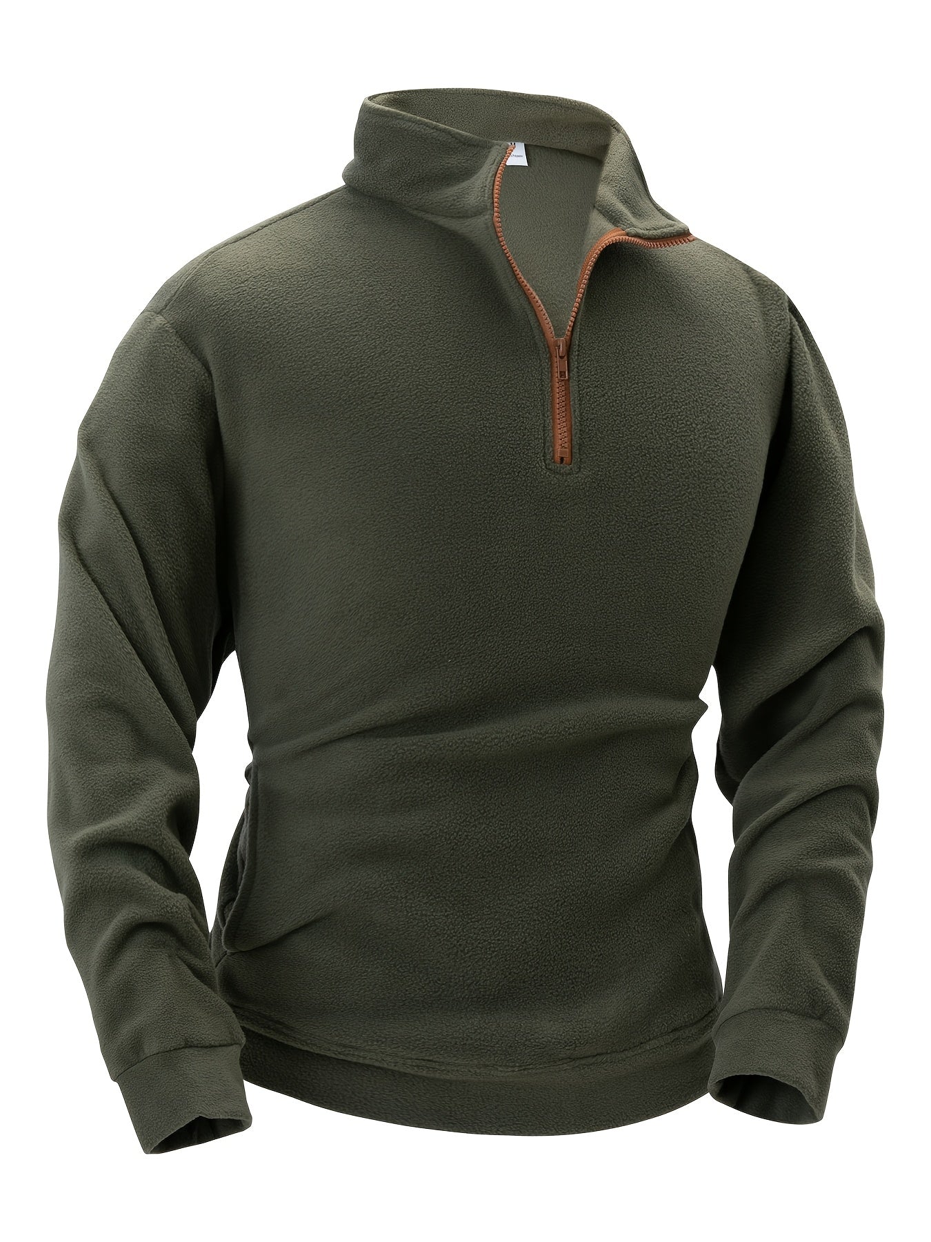 Fleece-pullover til mænd med ståkrave, halv lynlås, lange ærmer og lomme