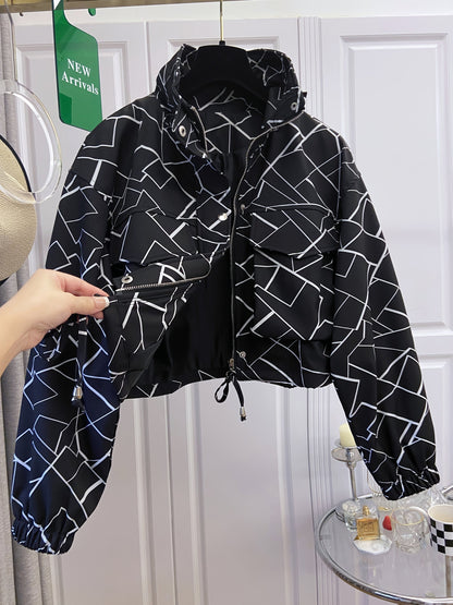 Damen Kurzjacke mit Reißverschluss und tropischem Blättermuster