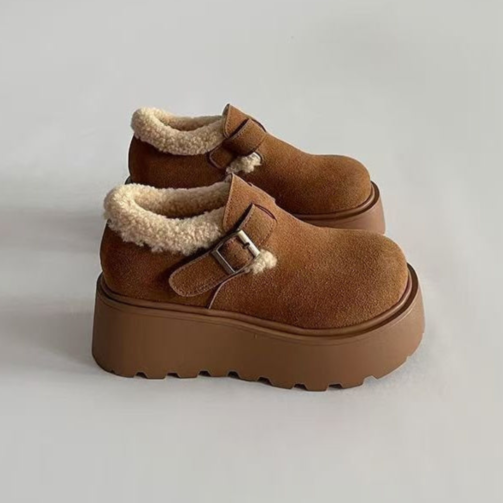 Damen Plateauschuhe Chunky mit Schnalle und Teddyfutter Braun