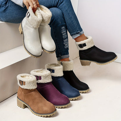 Damen Stiefeletten mit Blockabsatz, Plüschrand und Schnalle, Braun
