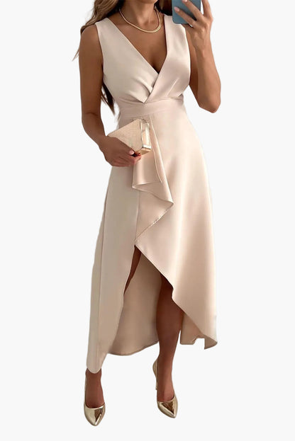 Robe cocktail femme élégante effet portefeuille, festive, asymétrique, sans manches