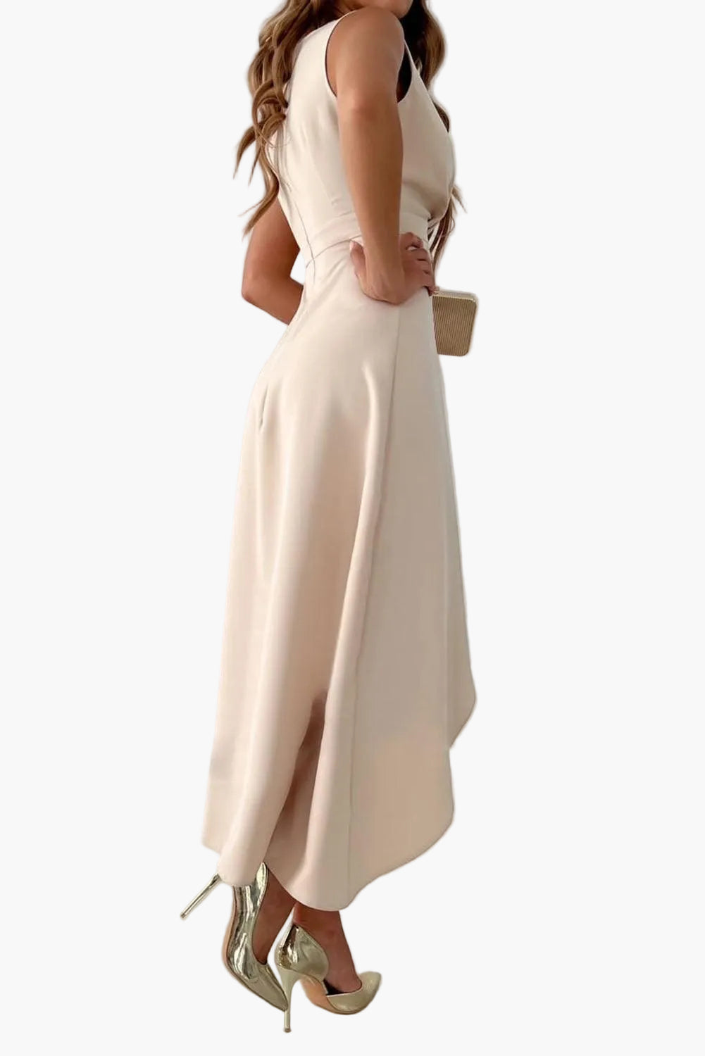 Robe cocktail femme élégante effet portefeuille, festive, asymétrique, sans manches
