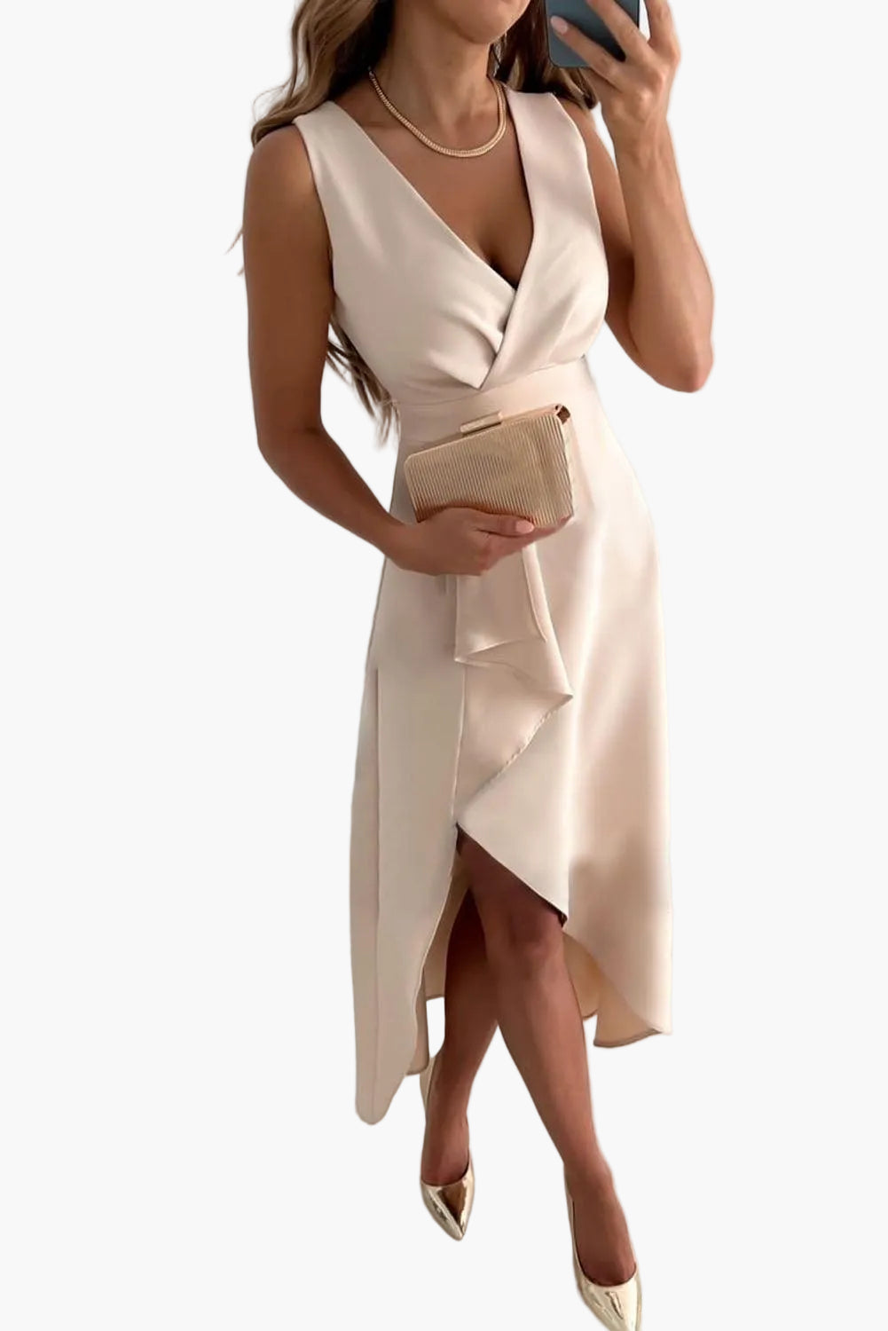 Robe cocktail femme élégante effet portefeuille, festive, asymétrique, sans manches