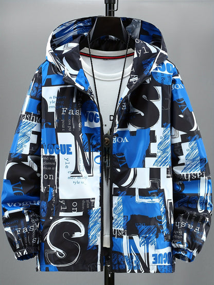Giacca con cappuccio unisex con stampa testuale, giacca a vento casual con cerniera, rosso nero bianco