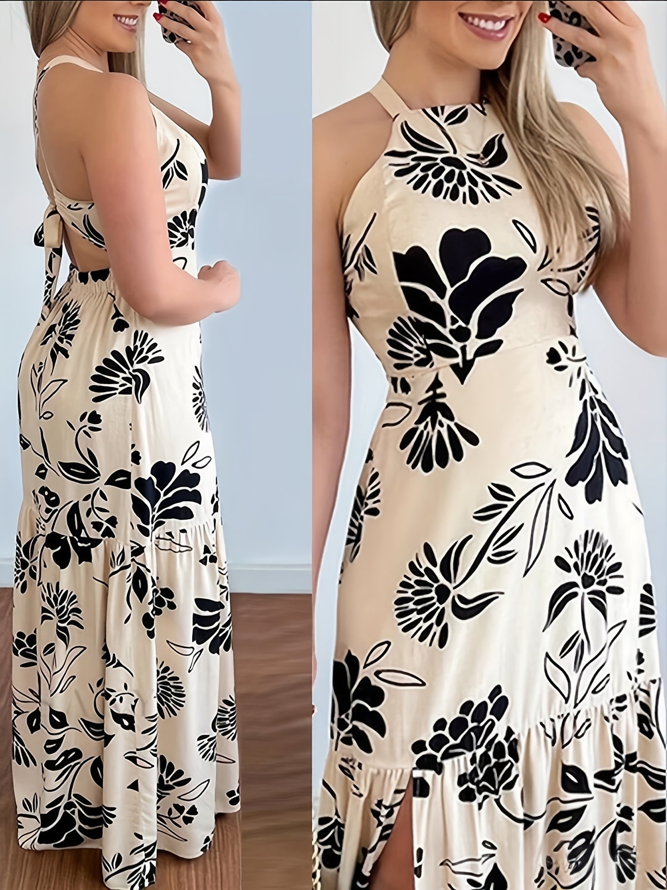 Vestido largo elegante para mujer con estampado floral y escote en la espalda – Perfecto para la playa, vacaciones y fiestas de verano