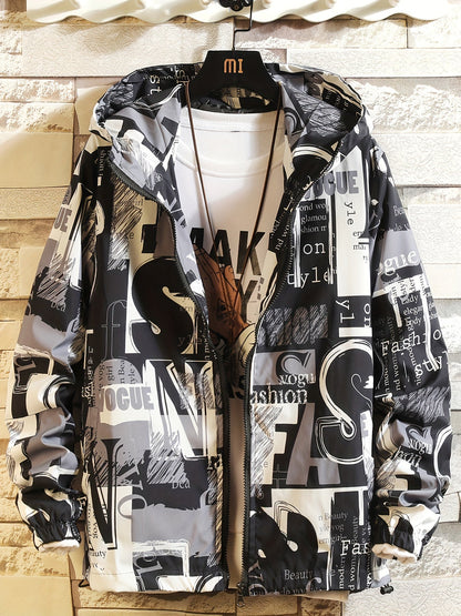 Giacca con cappuccio unisex con stampa testuale, giacca a vento casual con cerniera, rosso nero bianco