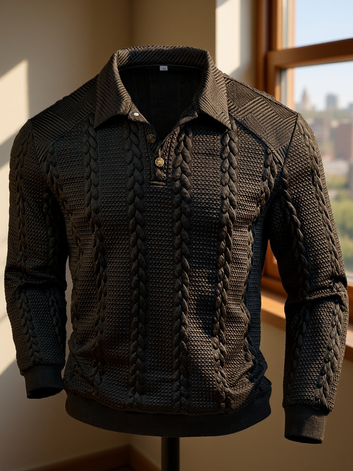 Polo da uomo in maglia a maniche lunghe con motivo intrecciato, grigio scuro