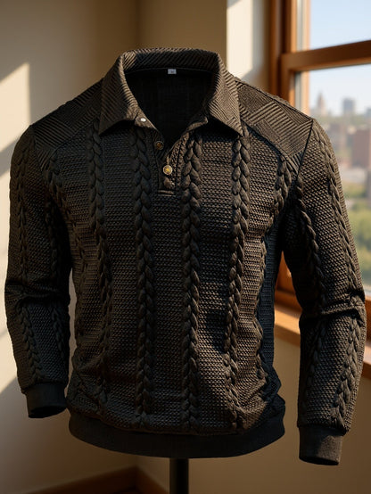 Polo da uomo in maglia a maniche lunghe con motivo intrecciato, grigio scuro