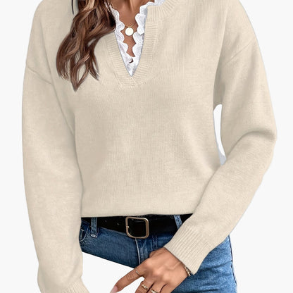 Dames elegante trui met V-hals en ruches kraag – Perfect voor dagelijks gebruik & kantoor