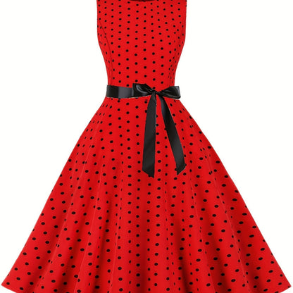 Damen Vintage Polka Dot Fit & Flare Partykleid mit Gürtel, ärmellos, Retro Sommerkleid