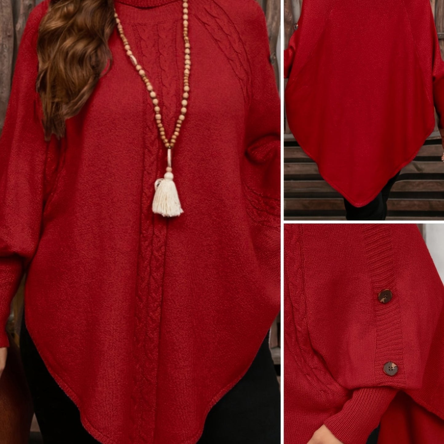 Poncho da donna, pullover a collo alto in maglia, casual, con bottoni e motivo a trecce