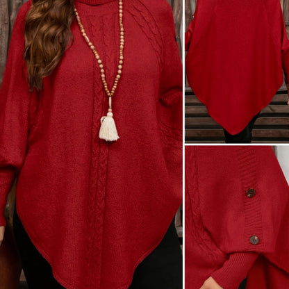 Poncho da donna, pullover a collo alto in maglia, casual, con bottoni e motivo a trecce