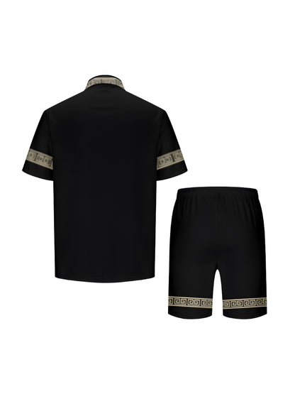 Herren Sommar Tvådelat Set – Kortärmad Skjorta & Shorts, Geometriskt Mönster, Avslappnat Fritidsoutfit