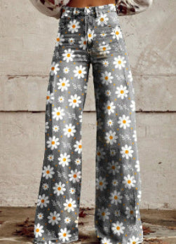 Jean large bohème pour femmes avec design artistique graphique et style vintage, idéal pour le streetwear et les festivals