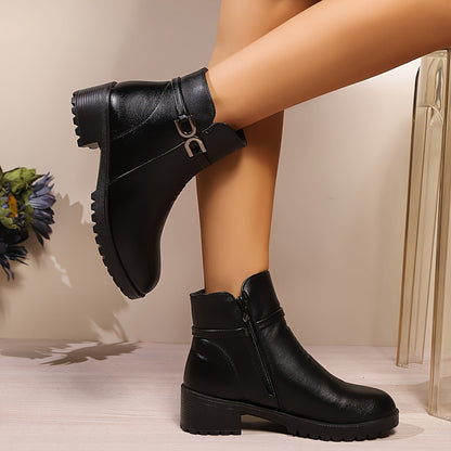 Damen Stiefelette mit Zierschnalle und seitlichem Reißverschluss, Schwarz