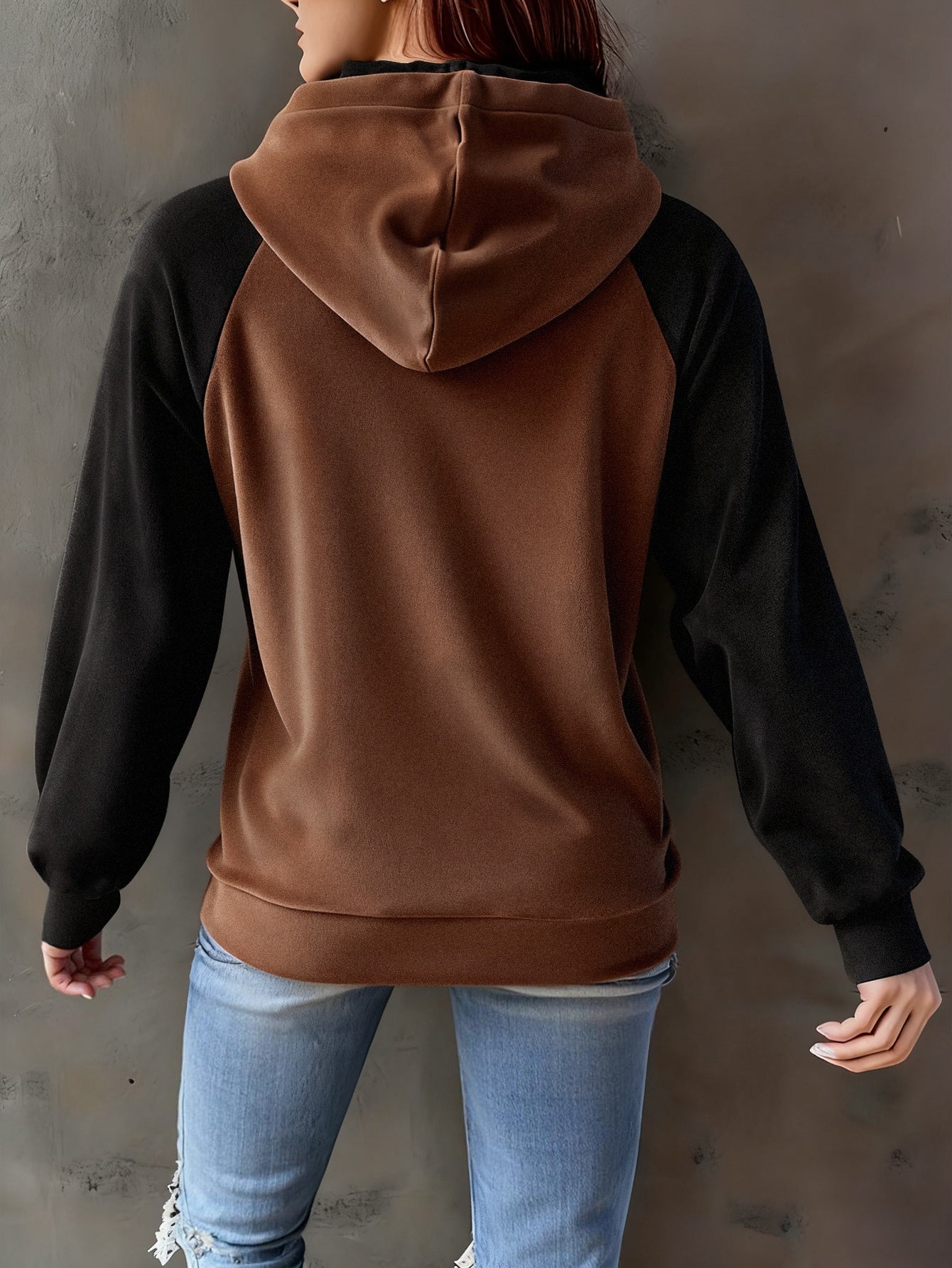Hoodie Raglan Zweifarbig Braun Schwarz Damen Kapuzenpullover Kängurutasche